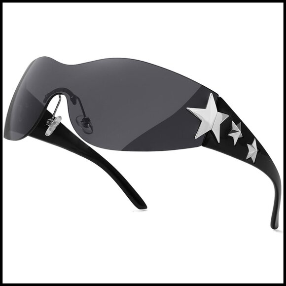 Y2K Rimless Wrap Around Sunglasses Star Pattern Futuristic Shield Shades main image 5
